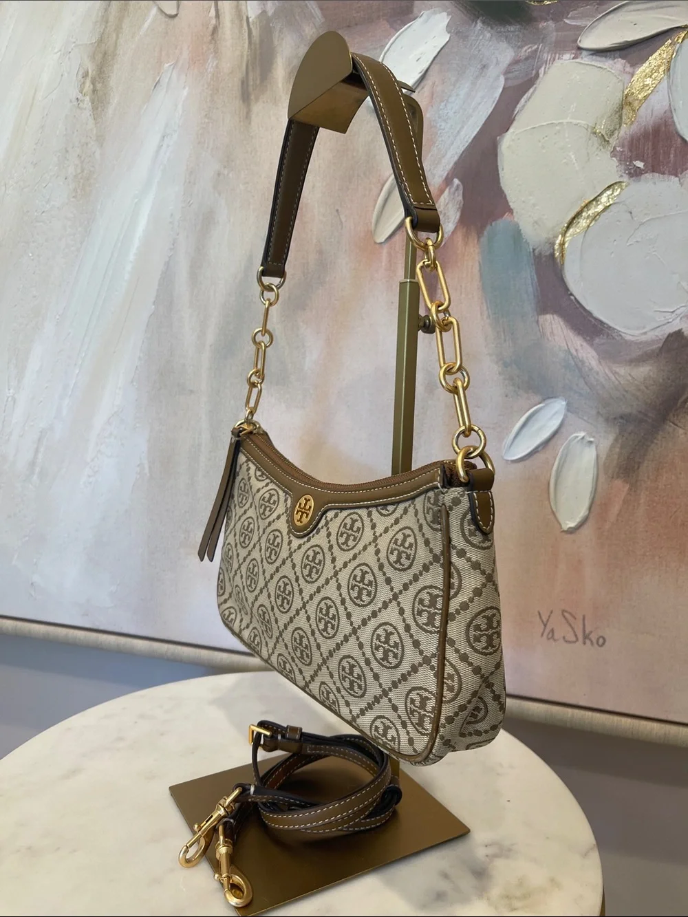 Tory Burch Beige Logo Jacquard Shoulder Bag with Gold Hardware Accent